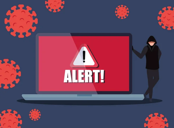 Хакер и ноутбук с предупреждающим знаком опасности во время пандемии ковида 19 — стоковый вектор