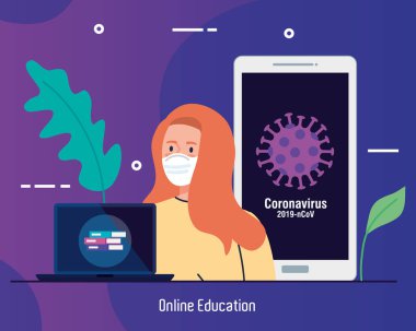 Çevrimiçi eğitim tavsiyesi Coronavirus covid-19 'un yayılmasını, internetten öğrenmesini, dizüstü bilgisayarı ve akıllı telefonu olan kadın öğrencinin