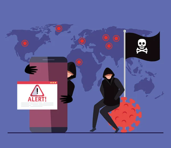 Hacker personas con smartphone y señal de alerta durante la pandemia covid 19 — Vector de stock