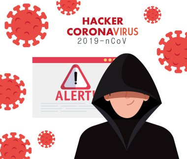 Covid 19 salgını sırasında tehlike uyarısı işareti taşıyan bir hacker.