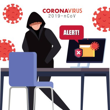 Covid 19 salgını sırasında alarm işaretli hacker ve laptop.