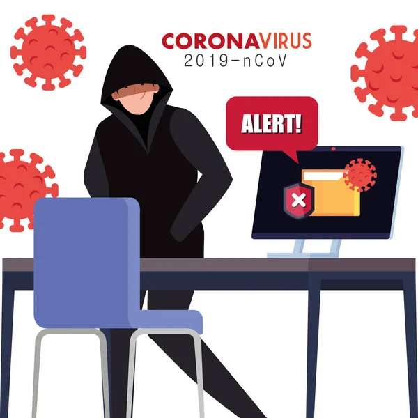 Hacker y portátil con señal de alerta durante covid 19 pandemia — Vector de stock