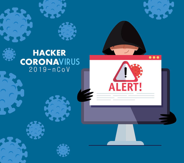 hacker and laptop with danger warning sign during covid 19 pandemic