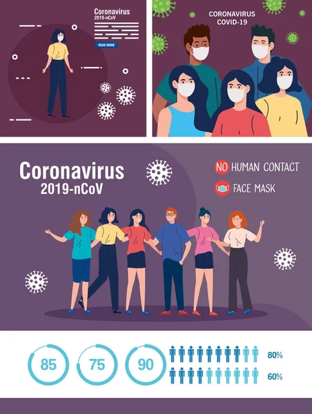 Kulissen, Menschen mit Gesichtsmaske und Kampagnen Prävention Coronavirus covid 19 — Stockvektor