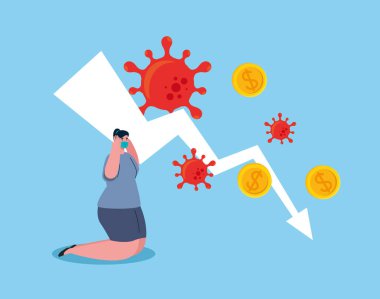 Coronavirus çöküşü, covid 19 ekonomi çöküşü, ok ve bozuk paralarla üzgün kadın, iflas konsepti