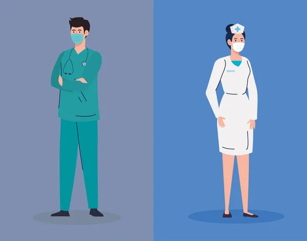 Vrouwelijke en mannelijke verpleegkundige en arts met uniformen en maskers vector ontwerp — Stockvector