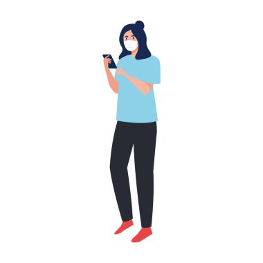Tıbbi maskeli kadın akıllı telefon vektör tasarımı tutuyor.