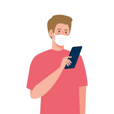 Tıbbi maskeli adam akıllı telefon vektör tasarımı tutuyor.