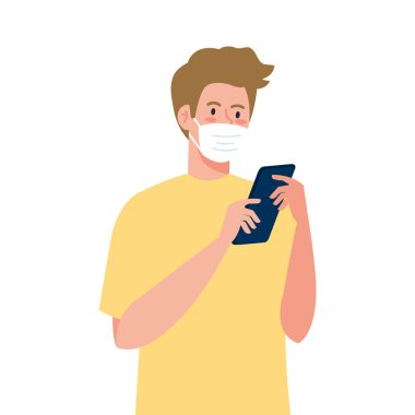 Tıbbi maskeli adam akıllı telefon vektör tasarımı tutuyor.