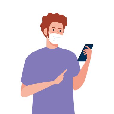 Tıbbi maskeli adam akıllı telefon vektör tasarımı tutuyor.