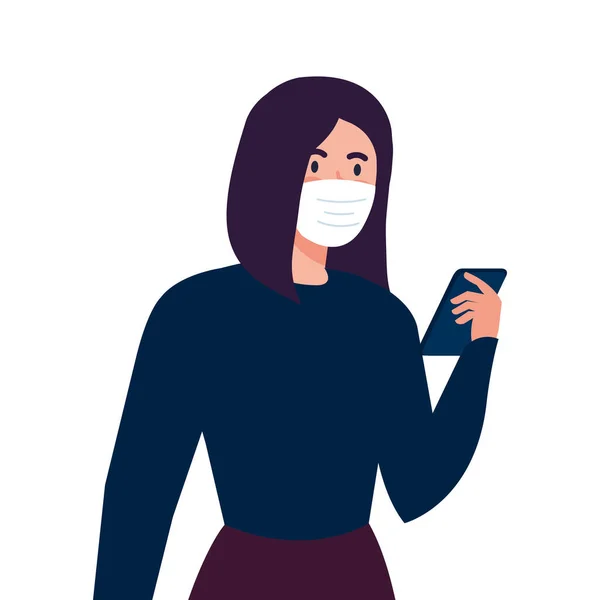 Donna con maschera medica in possesso di smartphone design vettoriale — Vettoriale Stock
