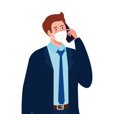 Tıbbi maskeli adam akıllı telefon vektör tasarımı tutuyor.