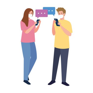 Tıbbi maskeli kadın ve adam ellerinde akıllı telefon ve baloncuk vektör tasarımı.