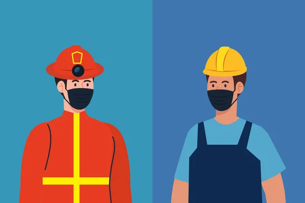 Male firefighter and constructer with masks vector design — Stock Vector