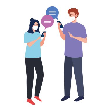 Tıbbi maskeli kadın ve adam ellerinde akıllı telefon ve baloncuk vektör tasarımı.