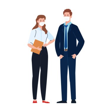 Kadın ve erkek iş adamları ve maskeli vektör tasarımları