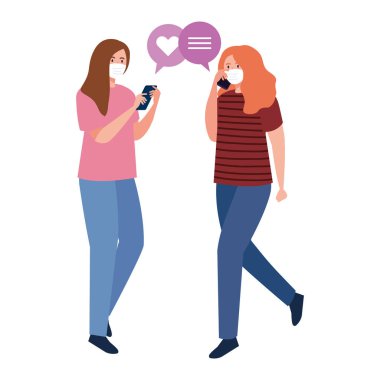 Maskeli kadınlar akıllı telefon ve kabarcık vektör tasarımı tutuyorlar.