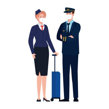 Kadın ve erkek pilot ve maske vektör tasarımlı hostes.