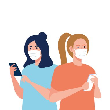 Akıllı telefon vektör tasarımı maskeli kadınlar