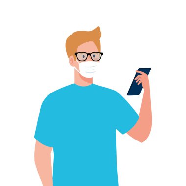 Tıbbi maskeli adam akıllı telefon vektör tasarımı tutuyor.