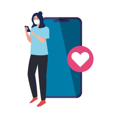 Tıbbi maskeli kadın elinde akıllı telefon ve kalp ikonu vektör tasarımı tutuyor.