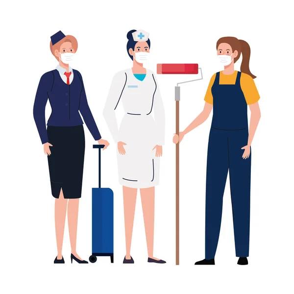 Femme peintre infirmière et hôtesse de l'air femme avec masque vectoriel design — Image vectorielle