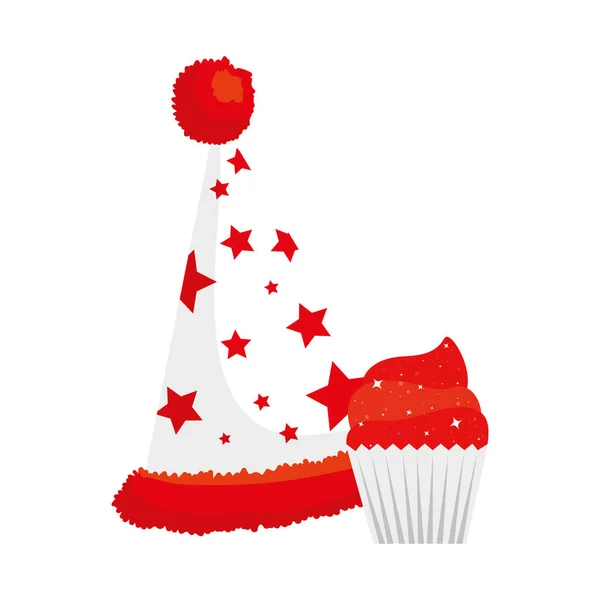 Yıldızlı münferit parti şapkası ve kek vektör tasarımı — Stok Vektör
