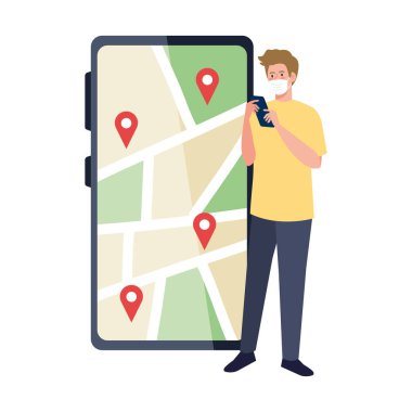 Harita vektör tasarımında akıllı telefon ve GPS işaretleri tutan maskeli adam