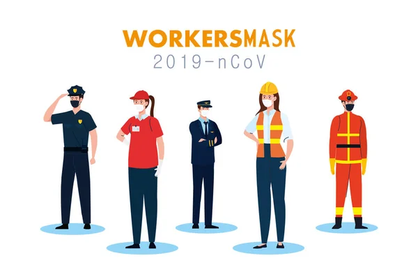 Pracownicy w mundurach i maskach pracowniczych projektują wektory — Wektor stockowy