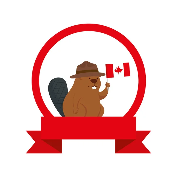 Kanadai hód kalappal és zászló boldog kanadai nap vektor design — Stock Vector