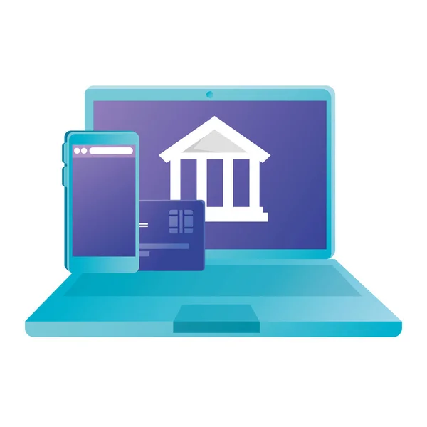 Smartphone und Laptop mit Bank- und Kreditkartenvektordesign — Stockvektor