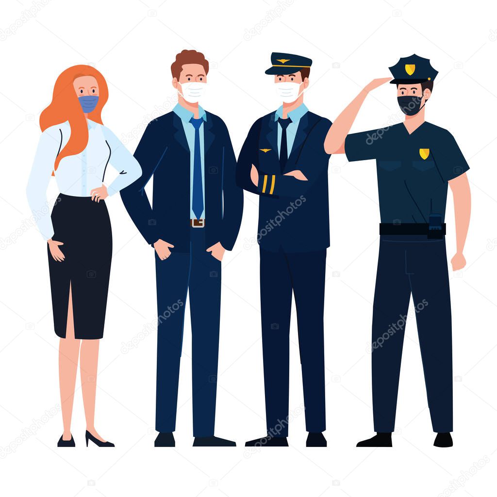 pilot businesspeople and police with masks vector design