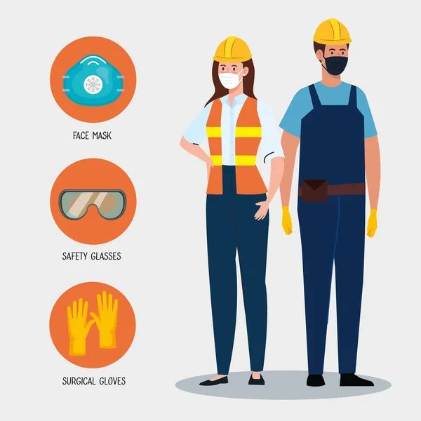 Constructeurs féminins et masculins avec uniformes et masques design vectoriel — Image vectorielle
