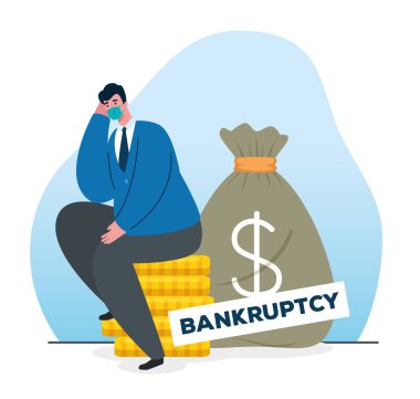 Coronavirus kazası, covid 19 ekonomi çöküşü, ameliyat maskesi takan üzgün iş adamı, iflas konsepti