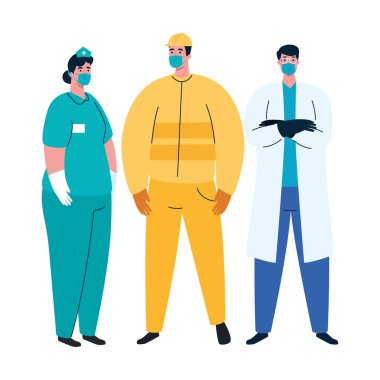 Kadın ve erkek müteahhit doktor ve hemşire.