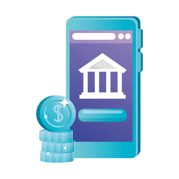 Smartphone isolato con disegno vettoriale di banche e monete — Vettoriale Stock