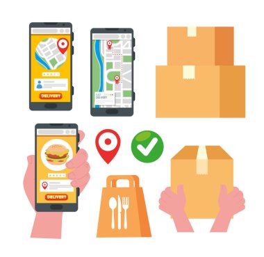 Akıllı telefon ve kutu paketleriyle çevrimiçi dağıtım tasarımları koleksiyonu