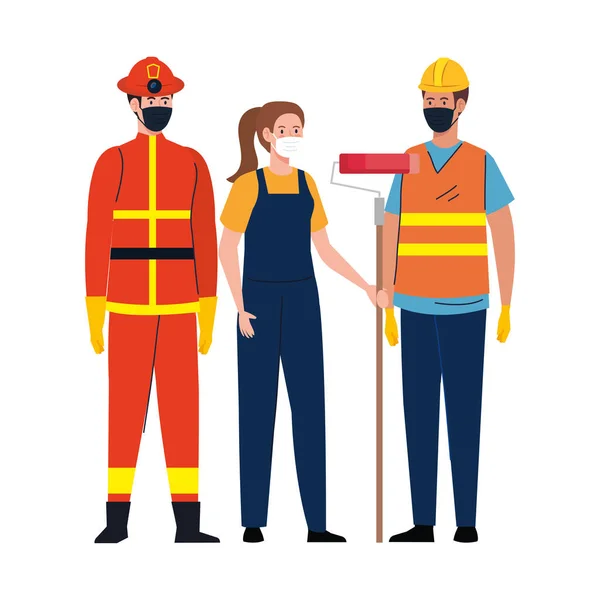 Пожарный и конструктор мужского и женского пола с векторным дизайном масок — стоковый вектор