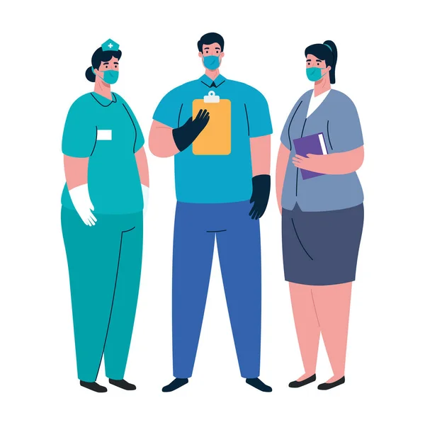 Infirmière et médecin femmes et hommes avec design vectoriel masques — Image vectorielle
