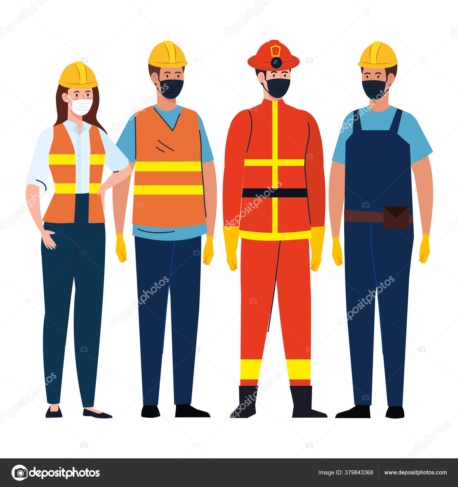 Female and male constructers and firefighter with masks vector design ...