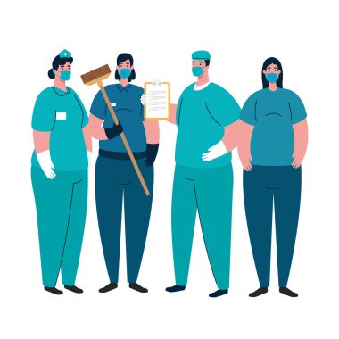 Kadın temizleyici hemşire ve maskeli vektör tasarımlı doktorlar.