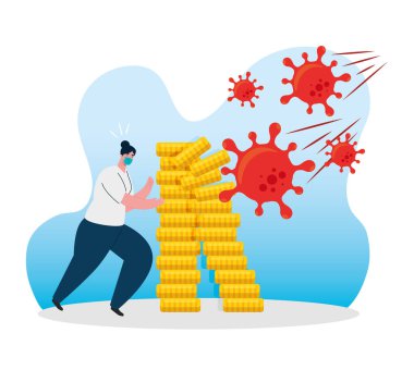 Coronavirus kazası, covid 19 ekonomi çöküşü, bozuk paralarla ameliyat maskesi takan kadın, iflas konsepti.