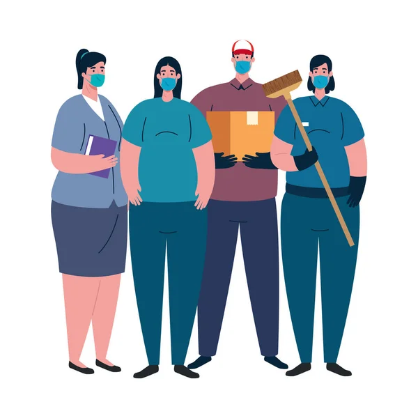 带口罩病媒设计的女清洁员和送货员 — 图库矢量图片