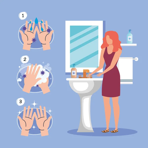 Hands washing technique and woman avatar vector design — Stock Vector