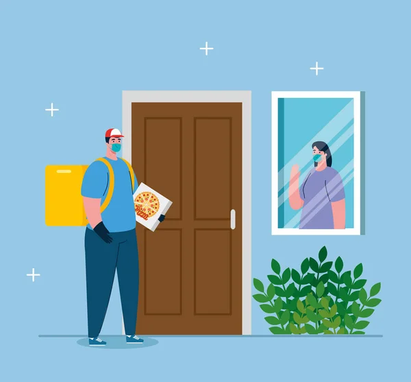 Livraison sûre sans contact à la maison pour prévenir la propagation du coronavirus 2019 ncov, femme à la fenêtre — Image vectorielle