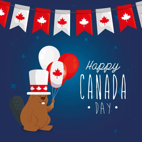 Kanadensisk bäver med ballonger av happy canada dag vektor design — Stock vektor