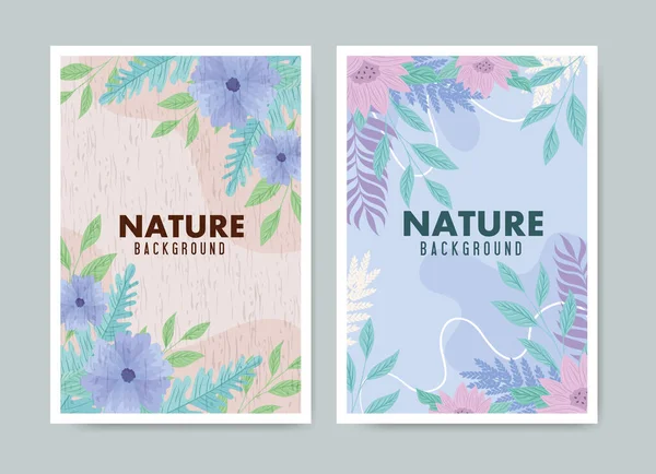 Ensemble de fond tropical et fleurs avec des feuilles couleur pastel — Image vectorielle