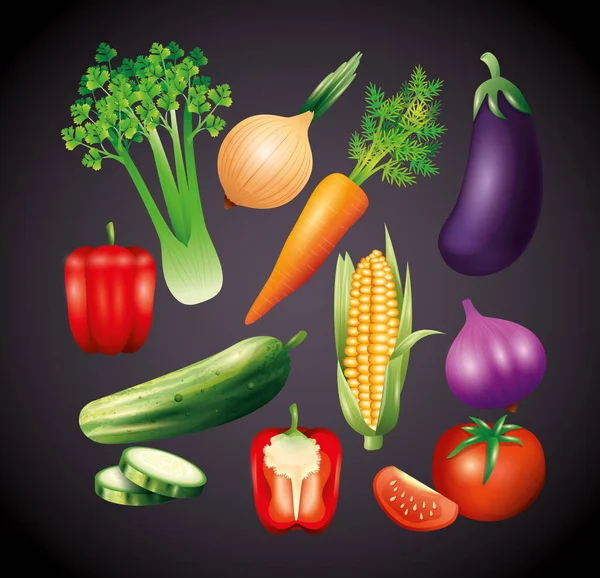 Φρέσκα βιολογικά λαχανικά, υγιεινά τρόφιμα, υγιεινό τρόπο ζωής ή διατροφή σε μαύρο φόντο — Διανυσματικό Αρχείο