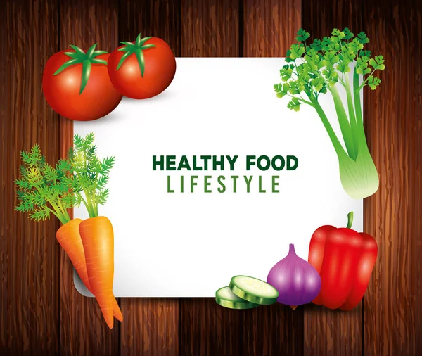 Sayuran organik segar, makanan sehat, gaya hidup sehat atau diet pada latar belakang kayu - Stok Vektor