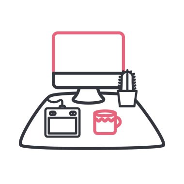 Tablet kahve fincanı ve kaktüslü bilgisayar esrar çizgisi biçim vektör tasarımı